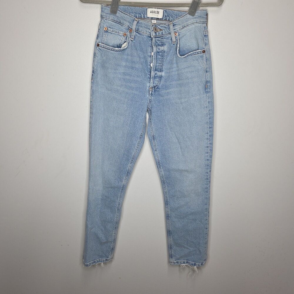 AGOLDE Riley High Rise Straight Jeans Light Wash Button Fly Raw Hem Crop Sz 25